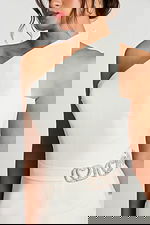 Close-up of the structured one-shoulder neckline and upper bodice detail