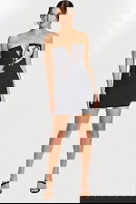 Strapless black mini dress with deep V-neck and rhinestone rose applique