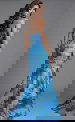 Back view of strapless printed gown with fitted bodice, smooth open back, and flared skirt