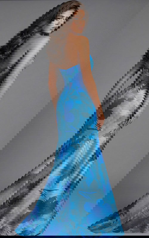 Back view of strapless printed gown with fitted bodice, smooth open back, and flared skirt
