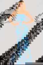 Strapless metallic jacquard gown featuring blue and gold floral pattern with cascading ruffle detail.