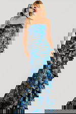 strapless blue print dress with ruffles on the bodice 48706