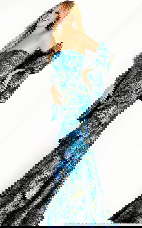 strapless mulit color drss with matching shawl and ruffles on the bodice 48706