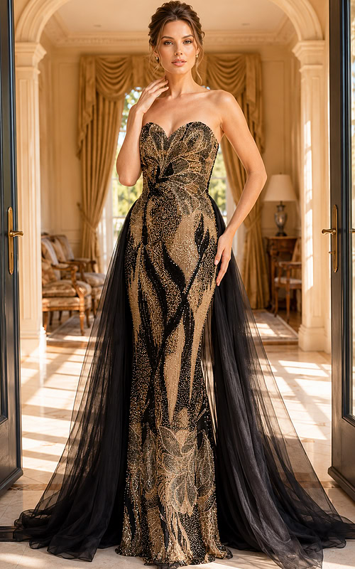 black and gold beaded strapless mermaid gown with detachable chiffon cape
