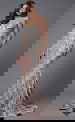 Strapless fitted gown with leaf-pattern embroidery and soft textured finish