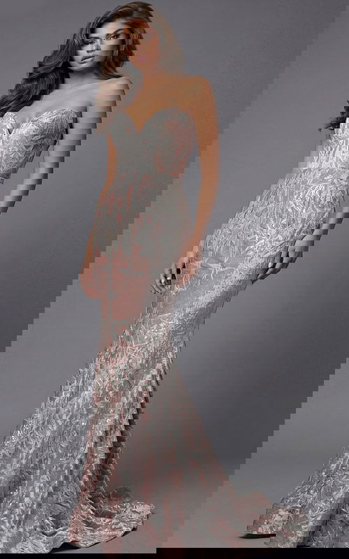 Strapless fitted gown with leaf-pattern embroidery and soft textured finish