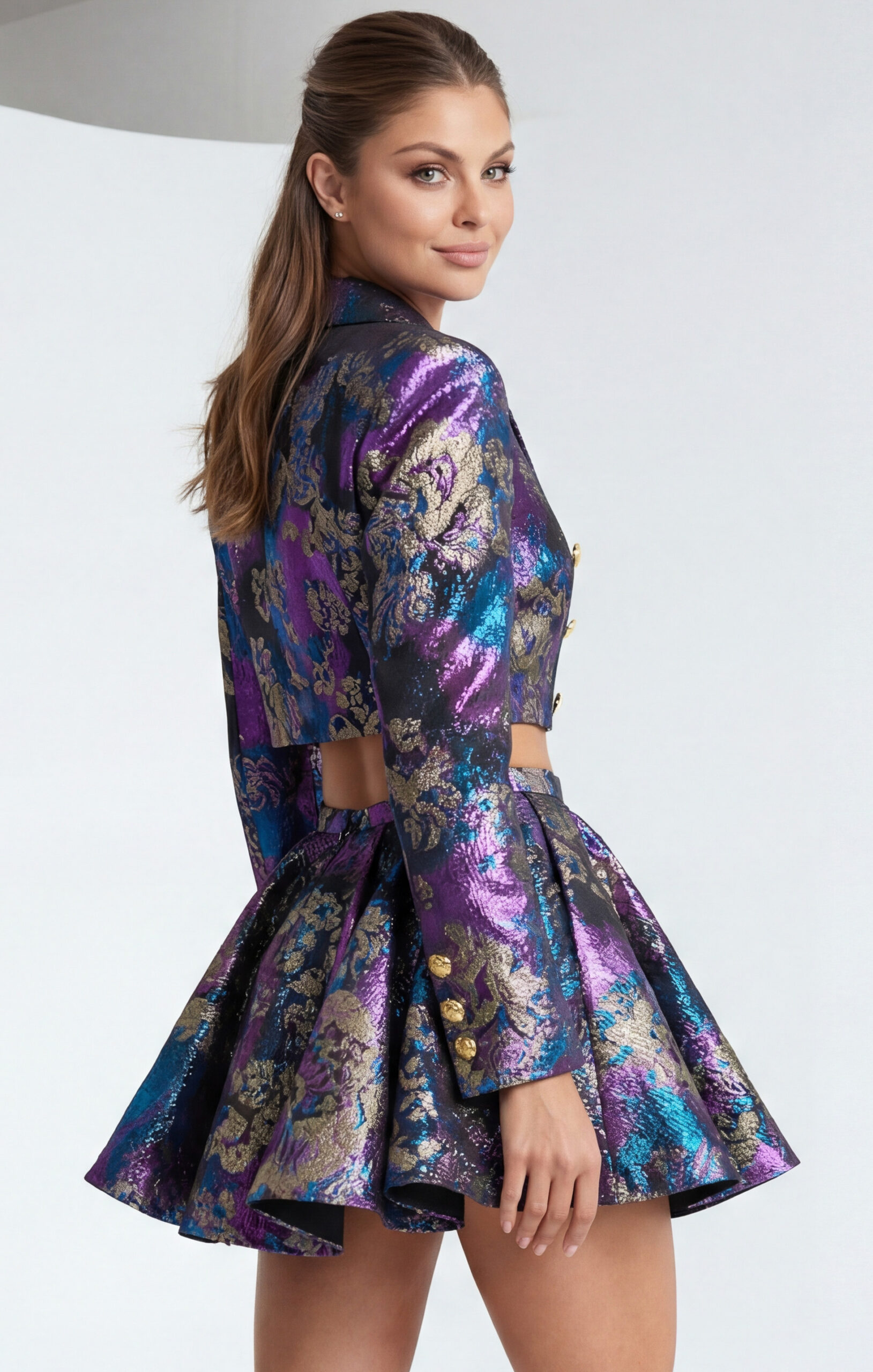 Floral Jacquard Two Piece Set with Cropped Jacket 48723 | Jovani