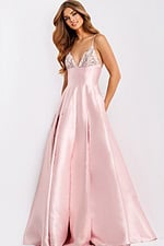Satin A-line prom dress with beaded bodice