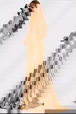 Satin gold prom dress with beaded bodice