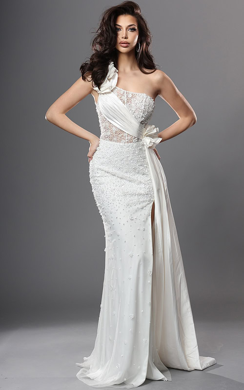 white sheath long dress with one shoulder illusion bodice beaded high slit