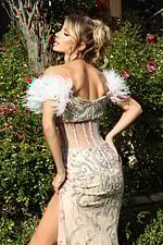 Elegant fitted dress featuring feather-trimmed sleeves and crystal corset