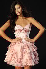 Floral corset dress with lace-up back and layered ruffle skirt