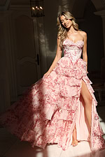 Floral tiered gown with corset bodice and sweetheart neckline