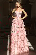 Flowing ruffle gown with sweetheart neckline and floral print