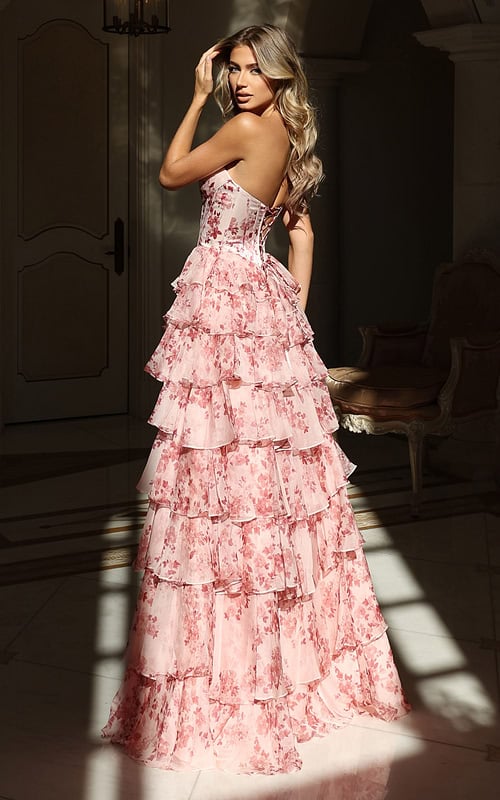 Strapless floral dress featuring layered ruffles and high slit