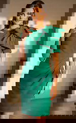 Fitted cocktail dress with bow shoulder detail and short sleeves shown from the front