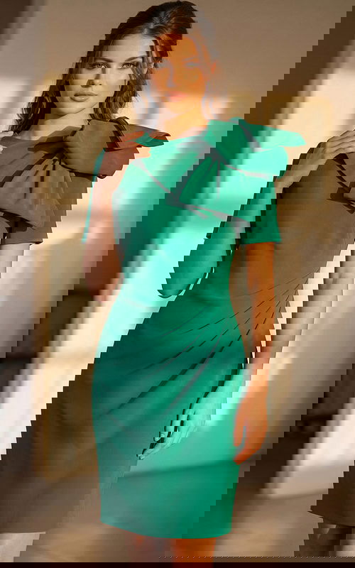 Fitted cocktail dress with bow shoulder detail and short sleeves shown from the front