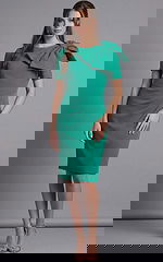 Tailored short sleeve cocktail dress with sculpted shoulder bow viewed from the back