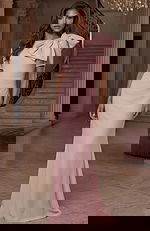 Short sleeve evening gown with statement bow shoulder detail