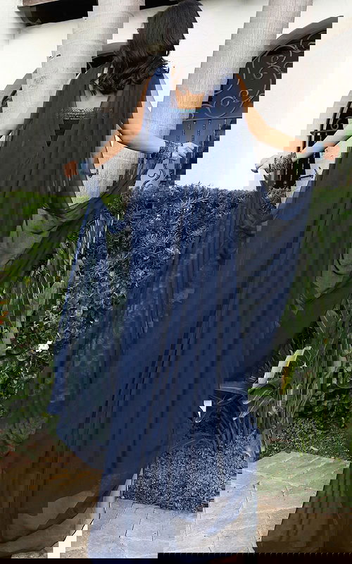 back of navy dress with sheer shawl 48990