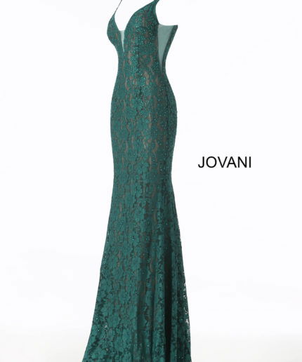 Model showing back of Jovani 48994 in emerald lace.