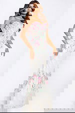 Strapless embroidered floral prom dress with sheer corset