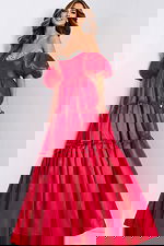 Tiered red ball gown with beaded neckline