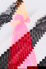 Red off shoulder prom dress with puff sleeves