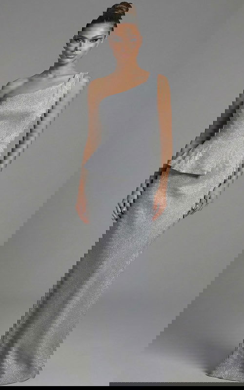 One shoulder fitted evening gown with sculpted waist and subtle peplum