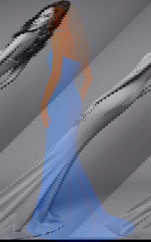 Strapless fitted column gown with smooth bodice and flared hem