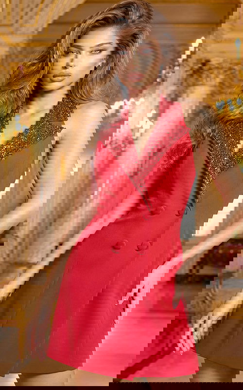 Halter neck mini dress with beaded lapel and tailored fit