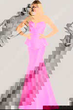 Strapless satin gown with structured peplum bodice and flared mermaid skirt, creating a sleek and elegant silhouette.