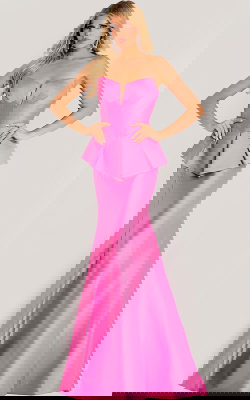 Strapless satin gown with structured peplum bodice and flared mermaid skirt, creating a sleek and elegant silhouette.