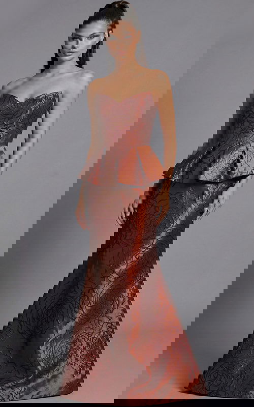 Strapless brocade evening gown with structured bodice and peplum waist