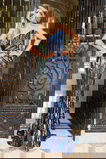 One shoulder navy sequin prom dress with silver and blue beadwork