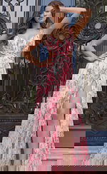 Floral pleated evening dress with wrap bodice, side cutouts, and thigh high slit