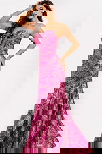 Metallic pink strapless prom dress with bow detail