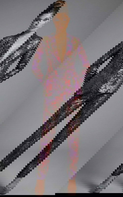 Floral jacquard tailored suit with deep V jacket and fitted trousers