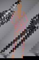 Floral jacquard tailored suit with deep V jacket and fitted trousers