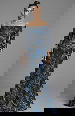 f shoulder brocade gown with draped waist and fitted silhouette