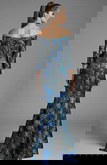 off shoulder brocade gown with structured bodice and full length skirt