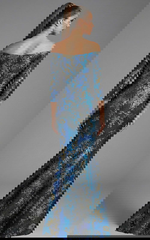 off shoulder brocade gown with structured bodice and full length skirt