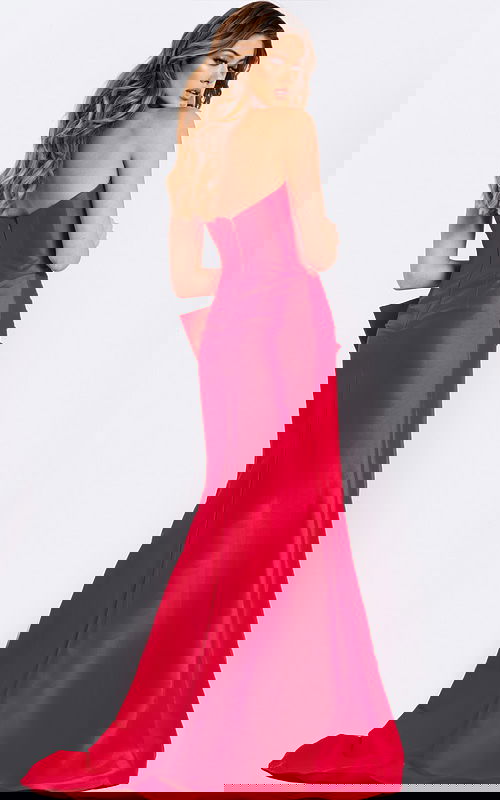 Elegant red gown with structured bodice and slit skirt