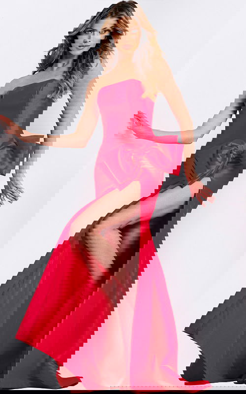 Red strapless prom dress with side bow and high slit