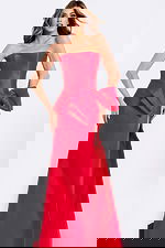 Red evening dress featuring large bow detail