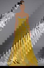 yellow Satin Gown with Bow Detail and Slit 49196