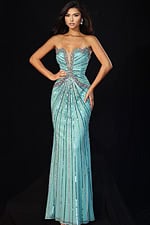 Strapless aqua beaded prom dress with deep sweetheart neckline and crystal embellishments