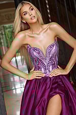 Elegant beaded corset ball gown with high slit