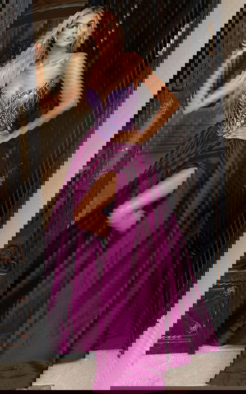 Formal strapless satin gown with full skirt