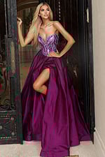 Formal strapless satin gown with full skirt